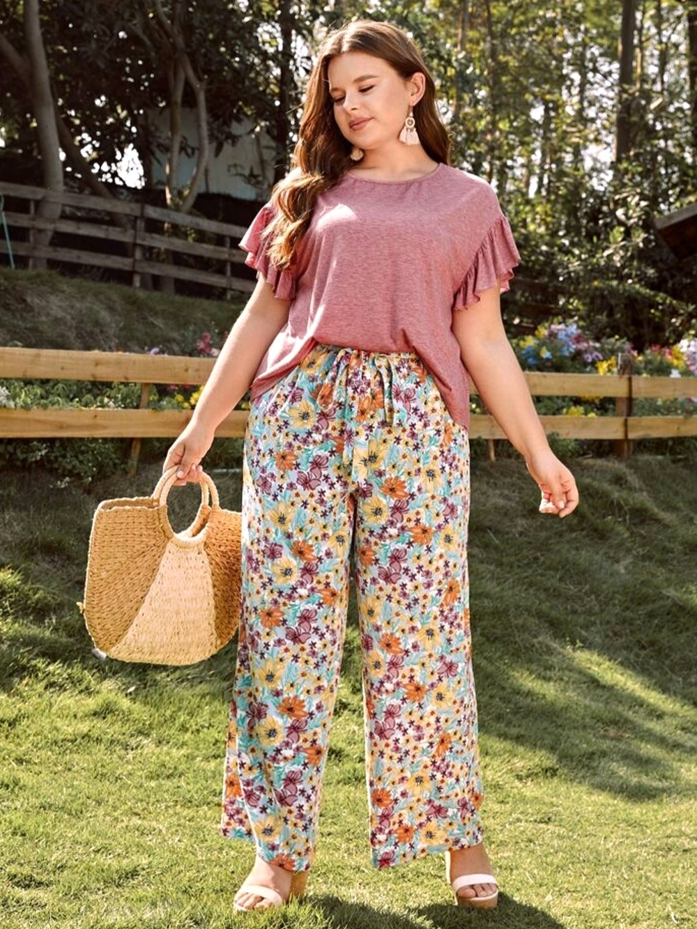 Floral Wide-Leg High-Waist Boho Trousers with Adjustable Drawstring - Size L